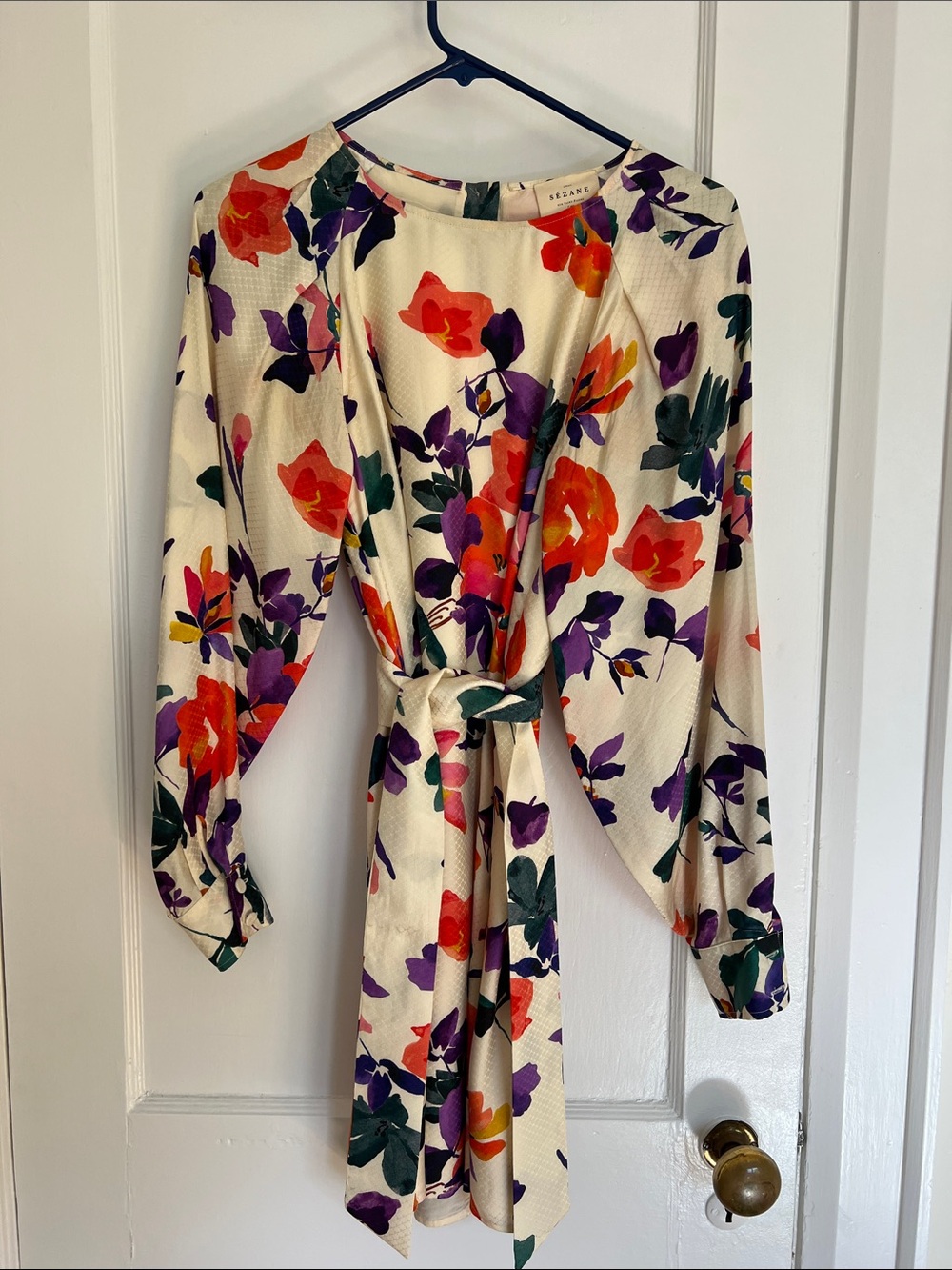 Sezane Erell Floral Silk Balloon Sleeves Robe Mini Dress w/belt